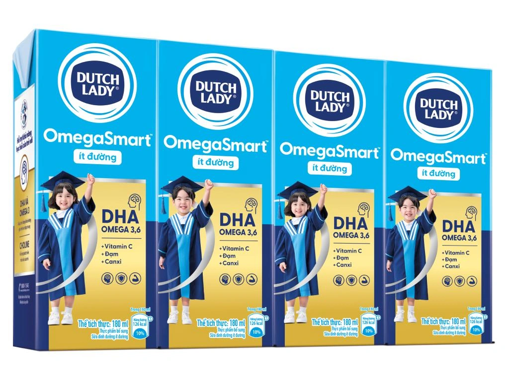 Lốc 4 hộp sữa dinh dưỡng ít đường Dutch Lady OmegaSmart 180ml