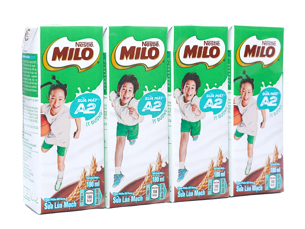Lốc 4 hộp sữa lúa mạch ít đường Milo A2 180ml